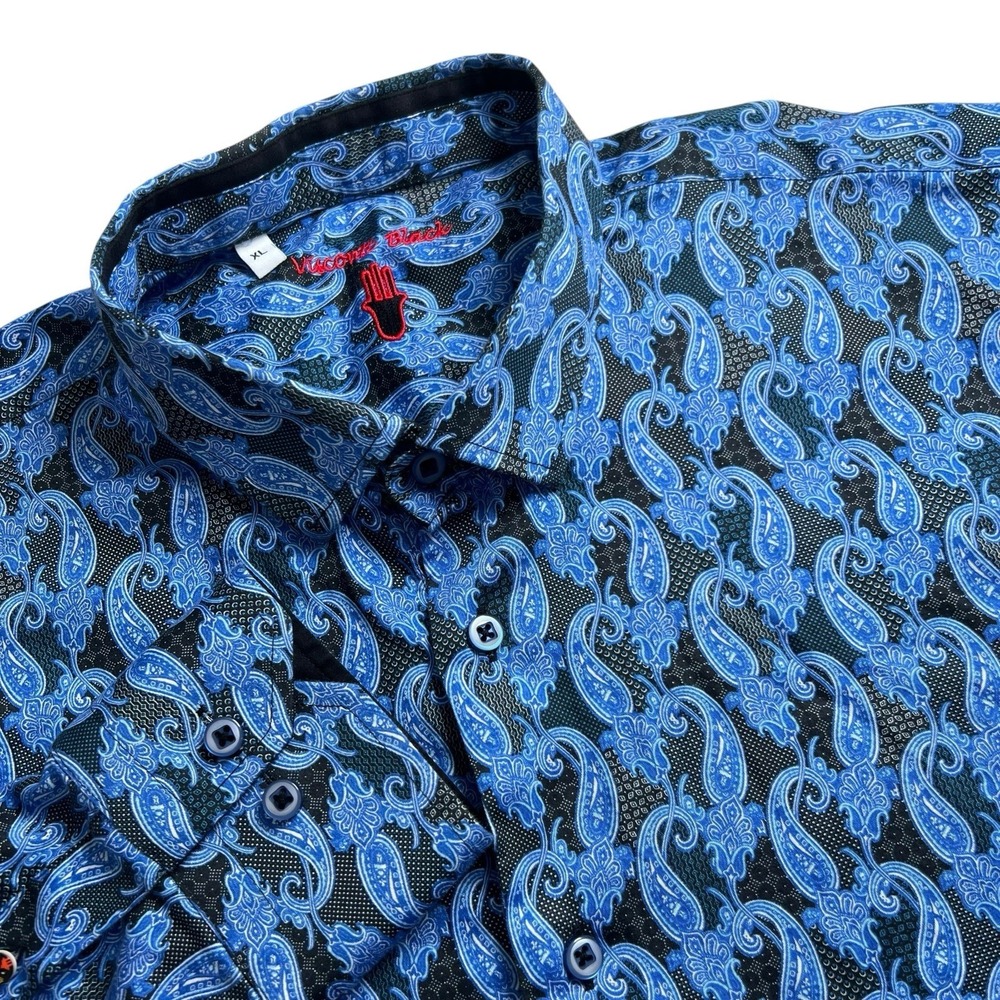 Visconti Black Mens XL Blue Paisley Print Cotton Long Sleeve Button Down Shirt